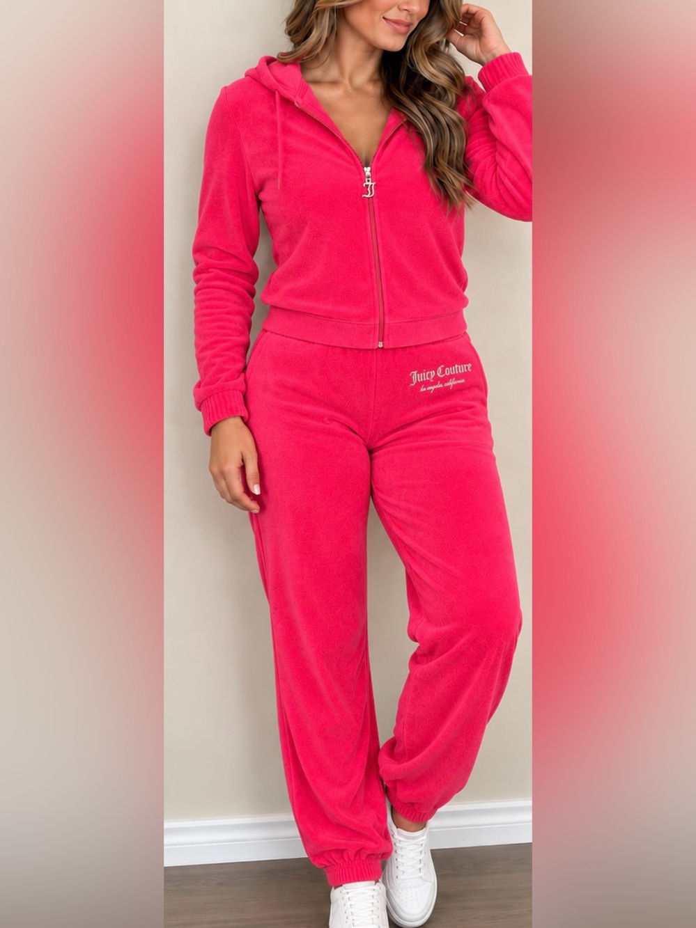 Juicy Couture Bright Pink Velour Track Pants & Hoodie Set